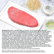 Dry dog food ingredient photo with red meat steak and kibble