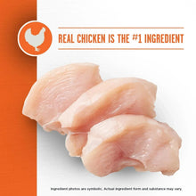 Chicken pieces with “Real chicken is the #1 ingredient” label on dry cat food pack.