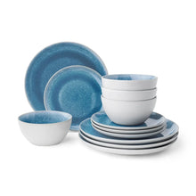 Blue speckled artisan dinnerware set: stacking plates and white bowls