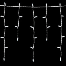LED icicle light strands with small white bulbs, spaced evenly against dark background
