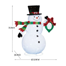 Pre-lit twinkling snowman with wreath ornament; size 72 in H, 67.5 in W, 35 in D