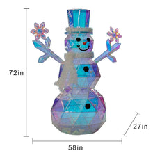 Large prismatic LED snowman, 72 in tall, blue cylinder hat, smile, outstretched arms