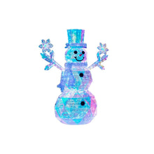 Prismatic pre-lit snowman decoration with blue top hat, smiling face, and raised arms