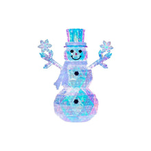 Prismatic pre-lit snowman decoration with blue top hat, smiling face, and snowflake hands