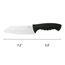 7.2 in santoku slicing knife with white blade and black handle; 5.3 in blade