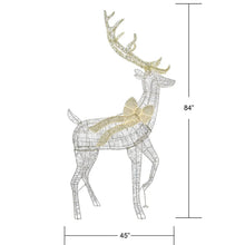 Pre-lit twinkling reindeer decoration with size diagram, wire frame and gold lighting