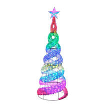 Pre-lit spiral tree with star topper, bright red, green, blue, and purple lights