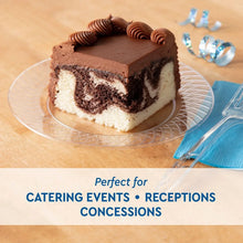 Clear disposable plastic plate with cake slice and fork