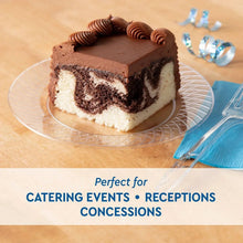 Clear plastic dessert plate with cake slice and fork