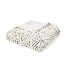 Cozy throw blanket, folded off-white with small black geometric pattern