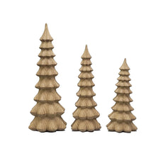 Set of three resin tabletop trees with textured tiered branches, tan finish