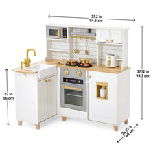 White wooden kitchen playset with size measurement arrows and front fixtures