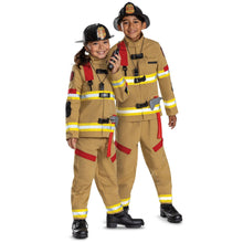 Children's firefighter costume: tan jacket and pants with yellow reflective stripes