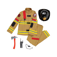 Children's firefighter costume set with tan jacket, pants, black helmet, and tools