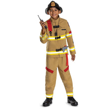 Children's firefighter costume: tan outfit with reflective stripes, red badge, and axe