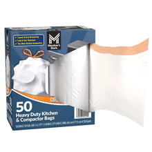 Box of 50-count kitchen & compactor bags with an open white bag and orange ties