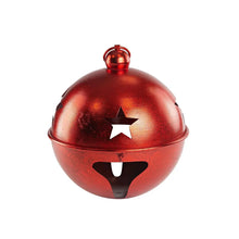 Red metallic jingle bell ornament with star and bell cutouts