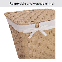 Woven laundry hamper with removable white liner and tied top fabric, natural tan.