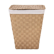 Handwoven laundry hamper with light tan woven body and white top liner, no towel shown