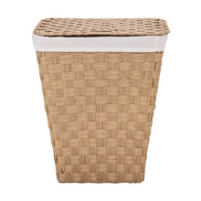 Woven laundry hamper with white liner and woven lid, natural tan.