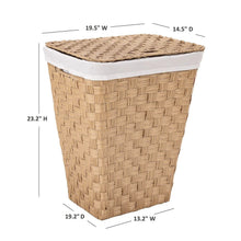 Handwoven-style laundry hamper with white liner and woven lid, natural tan.