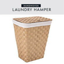 Woven laundry hamper with white liner and woven lid, natural tan.