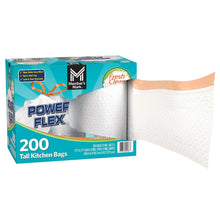 White tall kitchen trash bags with orange expand-and-grip drawstring