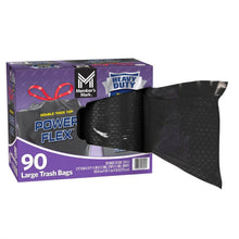 Power Flex 90 large trash bags package with black bag roll