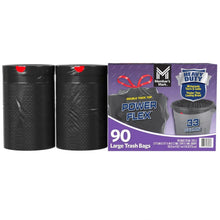 Bundle of black trash bag rolls and a 90-count 33-gallon bag box, heavy-duty style