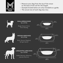 Pet bed size guide chart with small, medium, and large dog weight ranges