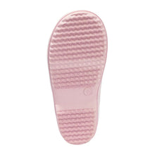 Girls pink rain boot bottom view with textured tread and small logo at center