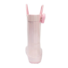 Girls translucent pink rain boot side view with top handles and hook strap detail