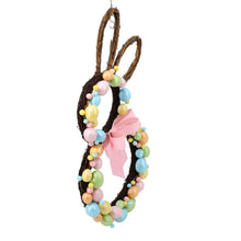 Bunny twig wreath with multicolor beads and pink ribbon bow, full view