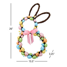 Twig bunny wreath, 26 in tall, 15.5 in wide; pink ribbon and multicolor beads