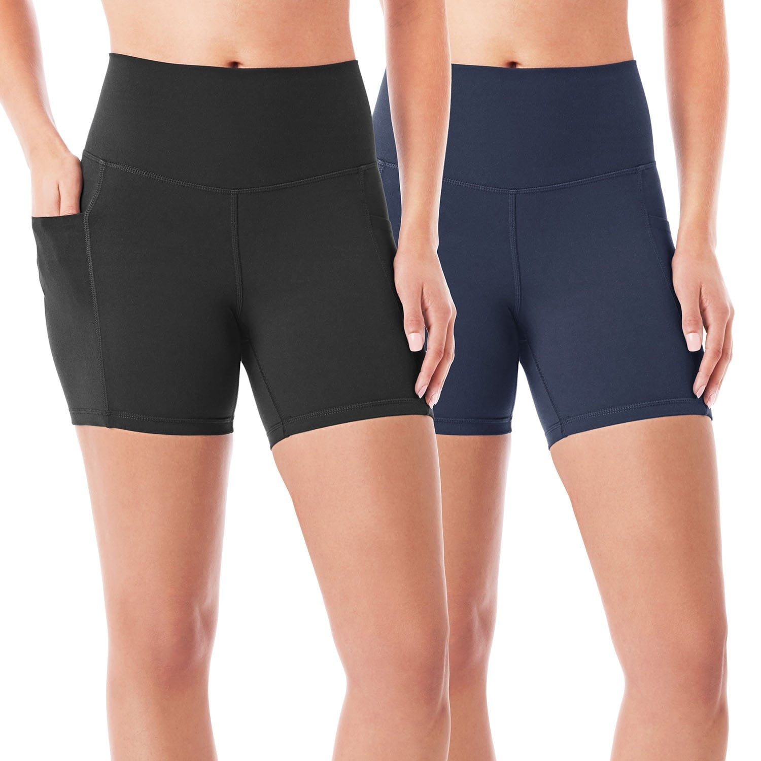 Women’s high-rise bike shorts 2-pack, black and dark navy, smooth stretch fabric.