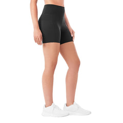 Women’s black bike shorts with high-rise wide waistband and side seam panels.