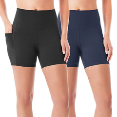 Women’s high-rise bike shorts 2-pack, black and dark navy, smooth stretch fabric.