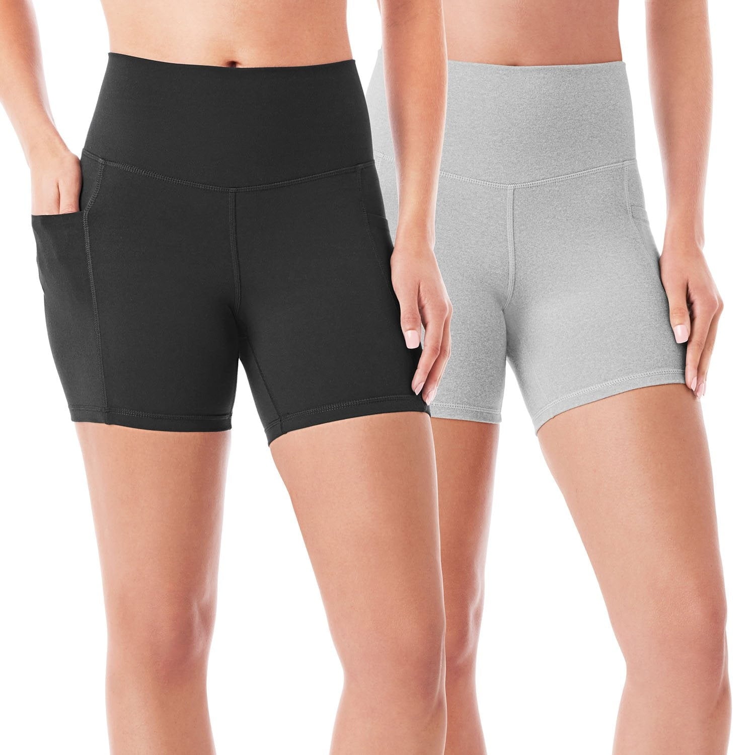 Women’s bike shorts 2-pack, black and light gray, high-rise wide waistband.