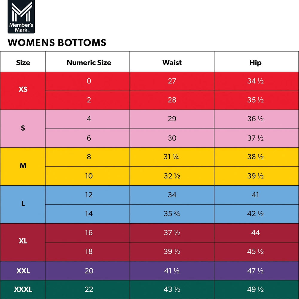 Womens bottoms size chart with numeric waist and hip measurements.