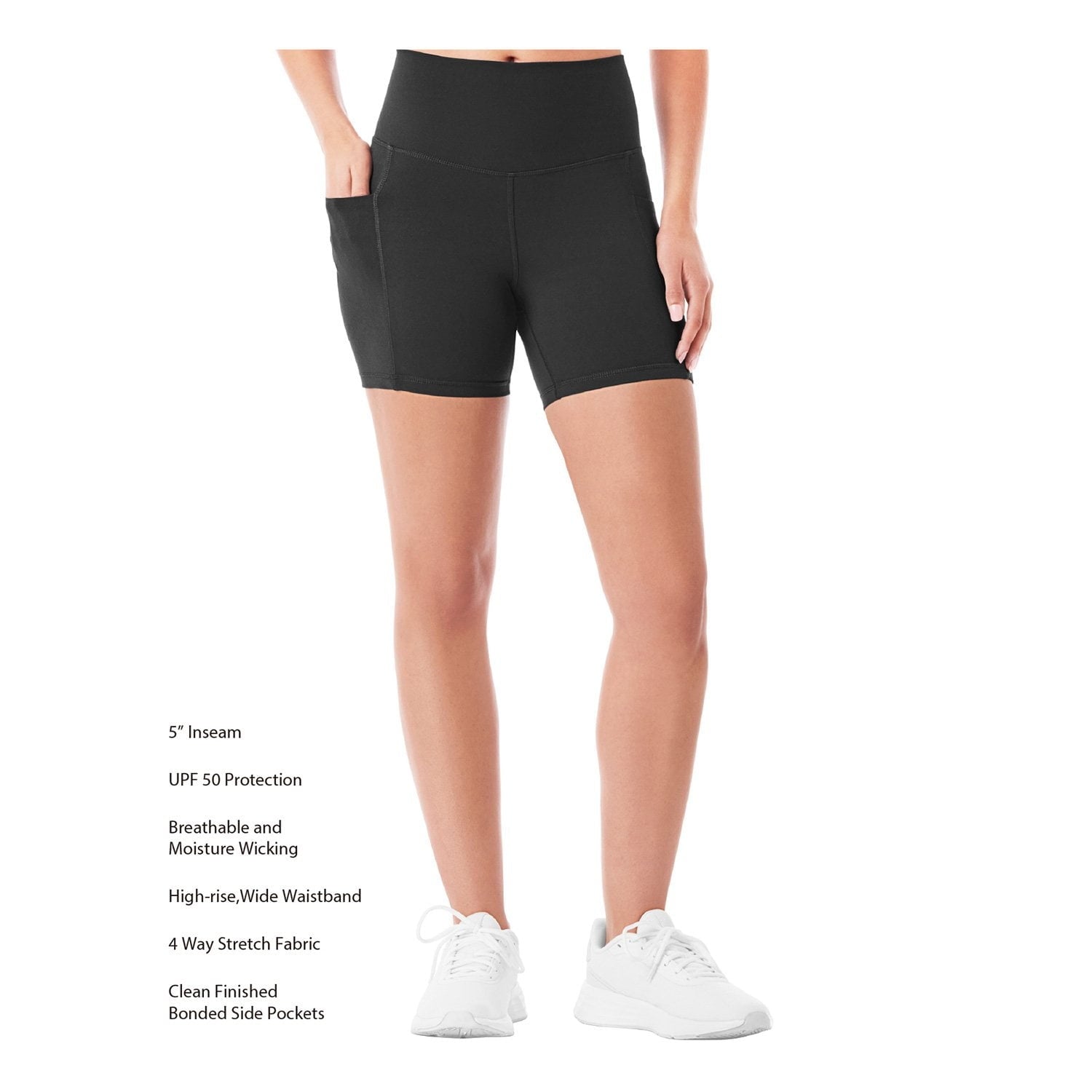 Women’s black bike shorts back view, high-rise waistband and 4-way stretch.