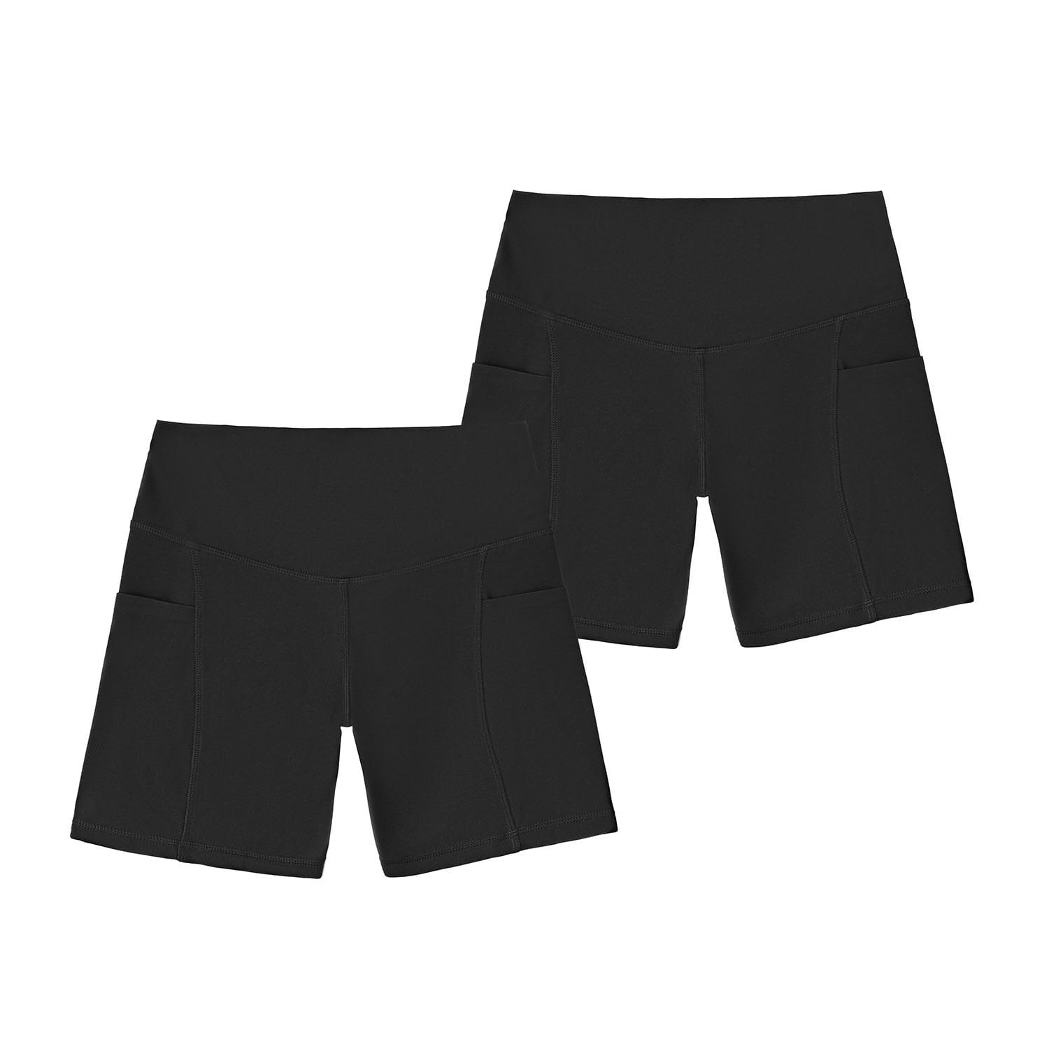Two-pack black bike shorts flat lay, high-rise waistband and clean bonded side pockets.