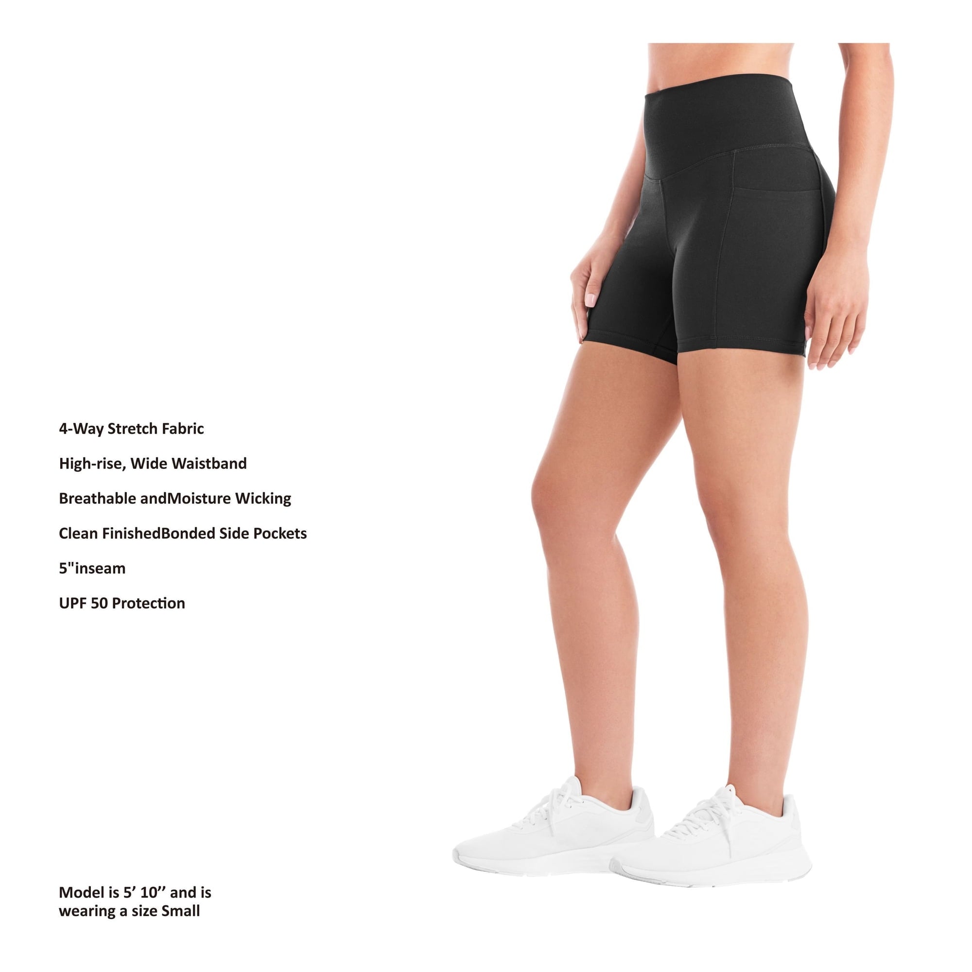 Women’s black bike shorts with high-rise wide waistband, UPF 50, side pockets.