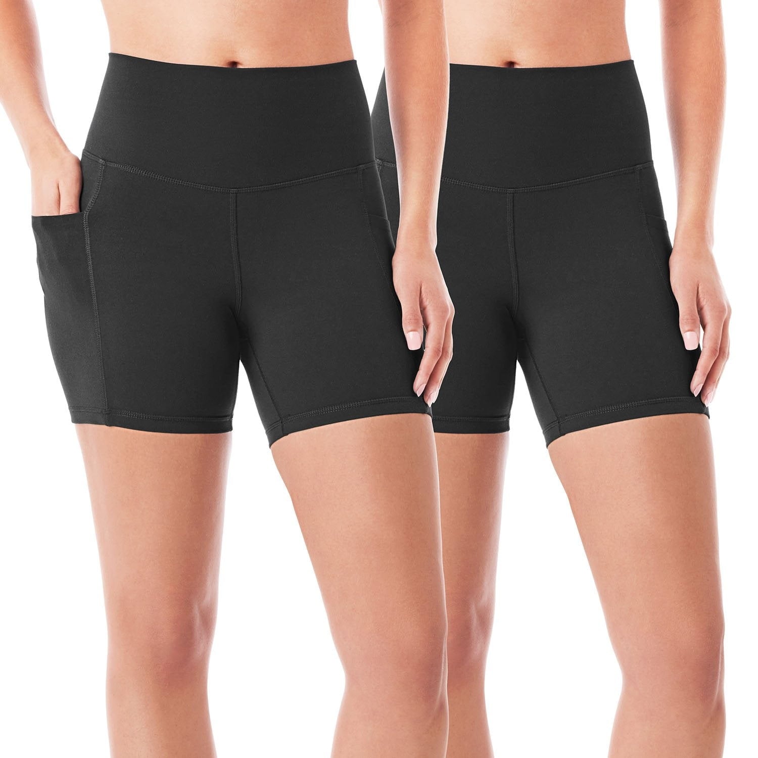 Women's 2-pack bike shorts, solid black, mid-thigh length, smooth fitted fabric
