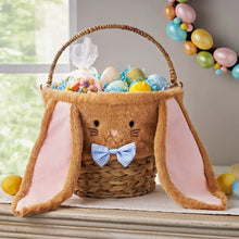 Woven bunny Easter basket with brown woven base, plush ears, and blue bow