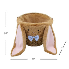 Woven bunny Easter basket with tan plush ears, blue bow, and braided handle, wicker center
