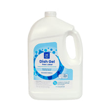 Dish detergent gel bottle with blue circular Dish Gel Free & Clear label