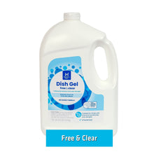 Dish detergent gel bottle with white body and blue Free & Clear label
