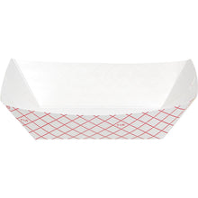 White polycoated paper food tray with red grid pattern, rectangular serving shape