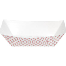 White paper food tray with red grid pattern and small 3 lb printed marks.