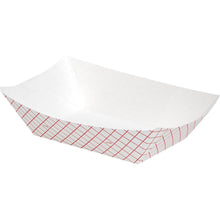 White paper food tray with red grid pattern, curved shallow serving shape.